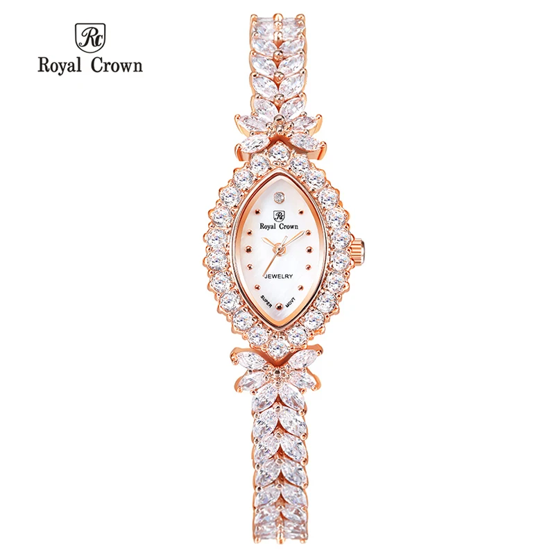 Royal Crown Women's Watch Mother-of-pearl Japan Movt Hours Fine Fashion Jewelry Bracelet Luxury Crystal Girl's Birthday Gift Box