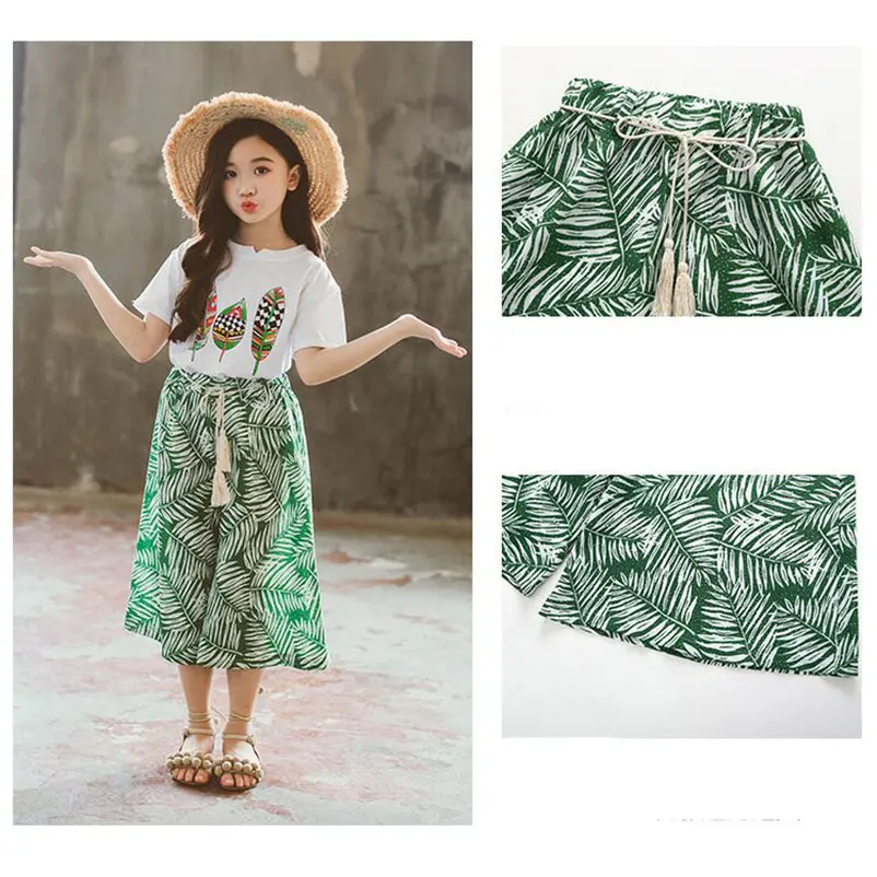 Одежда для девочек Лето 2019 мода с коротким рукавом принтом свежих листьев