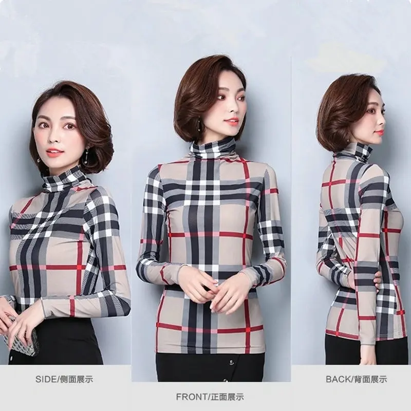 

Plaid Long Sleeve Femme T-shirts Spring Autumn Women's Turtleneck Mujer Camisetas Office Lady Fashion 2021 Clothing
