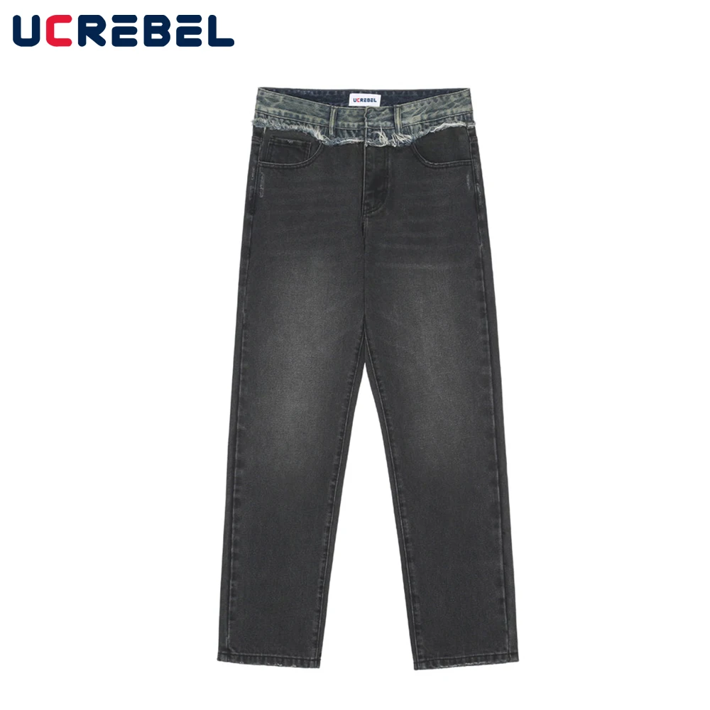 

Contrast Paneled Denim Pants Mens High Street Distressed Loose Straight-leg Pants Streetwear Casual Jeans Trousers Men