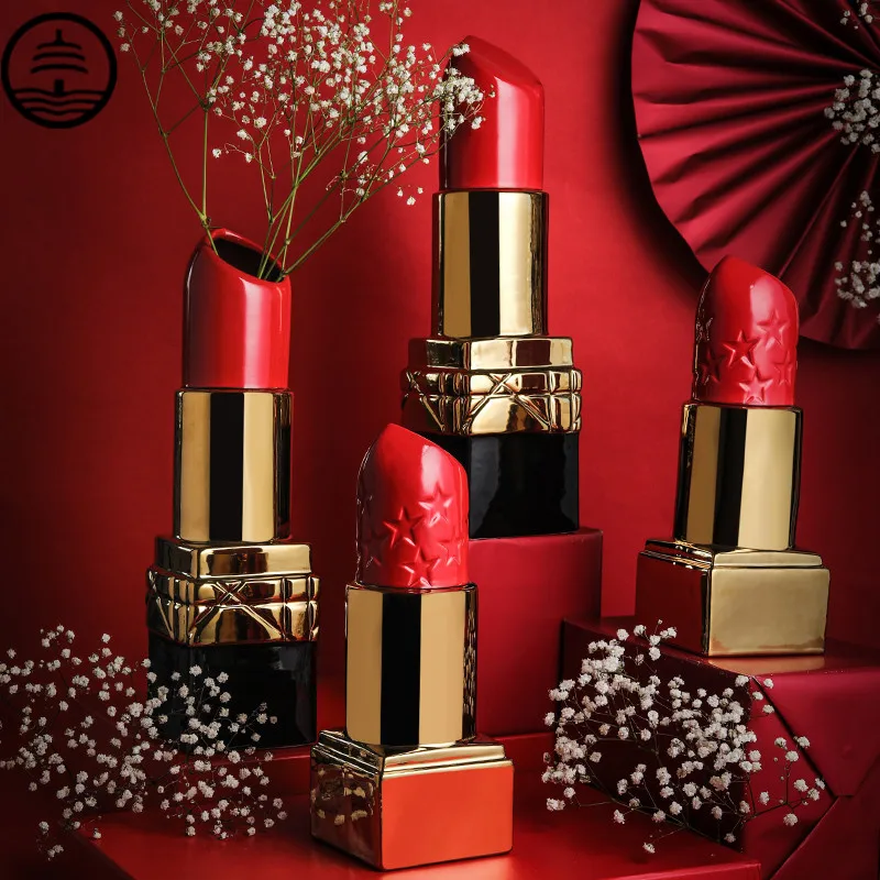 

Creative Lipstick Art Sculpture Vase Luxurious Dried Flower Arranging Ceramic Craft Home Decor Living Room R6034