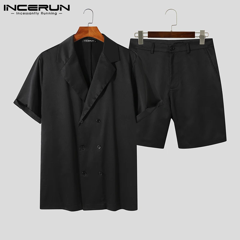 

2021 New Mens Korea Style Fashion Short Sleeve Shirts Solid Breathable Leisure INCERUN Sets All-match Short Blouse Suit 2 Pieces
