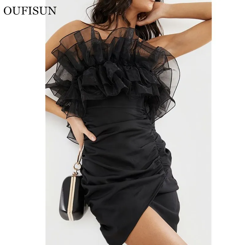 

Oufisun Sexy Ruffles Strapless Dresses Women Off Shoulder Mesh Ruched Black Bodycon Mini Dress Female Elegant Party Vestidos