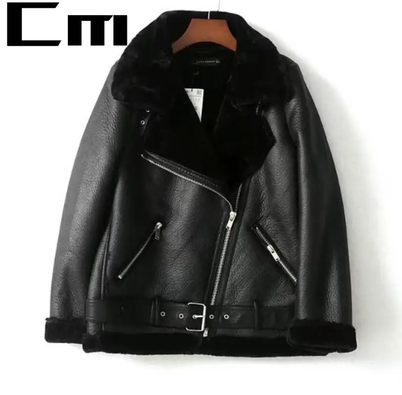 

2021 Winter Woman Sheepskin Coats Thicken Faux Leather Fur female Coat Fur Lining Leather Jacket Aviator Jacket casaco feminino