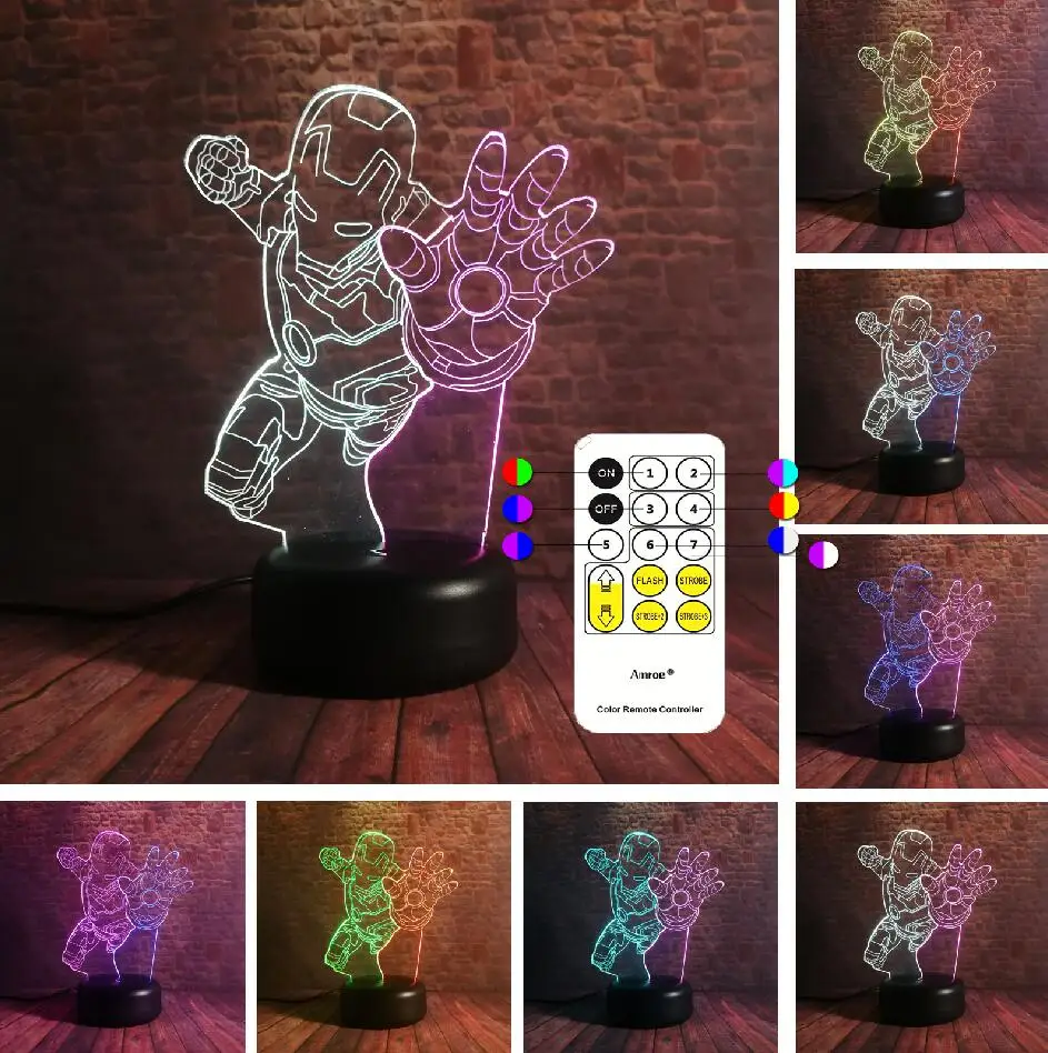 Controller 7 Color Новинка, фигурка супергероя из фильма, маска Железного человека, 7 двойных смешанных цветов, светодиодный 3D ночник для детей, прикроватные игрушки, подарки - Испускаемый цвет: Controller 7 Color