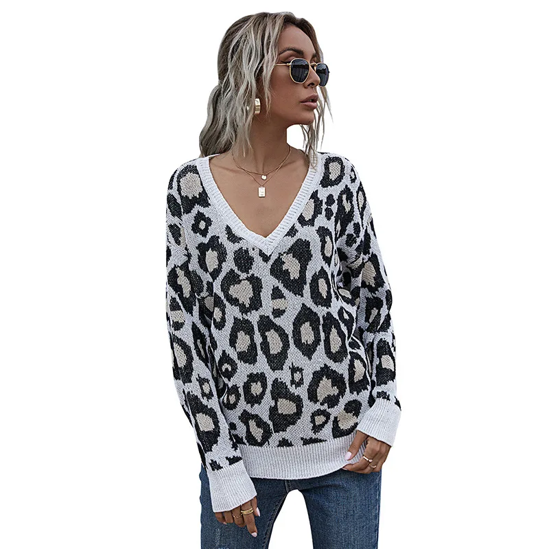

Autumn Winter Casual Young Style Women's Sweater Long Sleeve V-neck Leopard Pullovers Loose Sweaters for Woman Plus Size