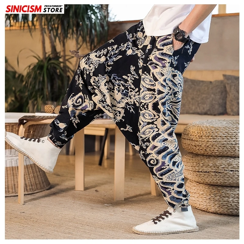 

MrGoldenBowl Men Printed Summer Loose Cross Pants Mens 2021 Cotton Linen Trousers Male Oversize Chinese Style Harem Pants 5XL