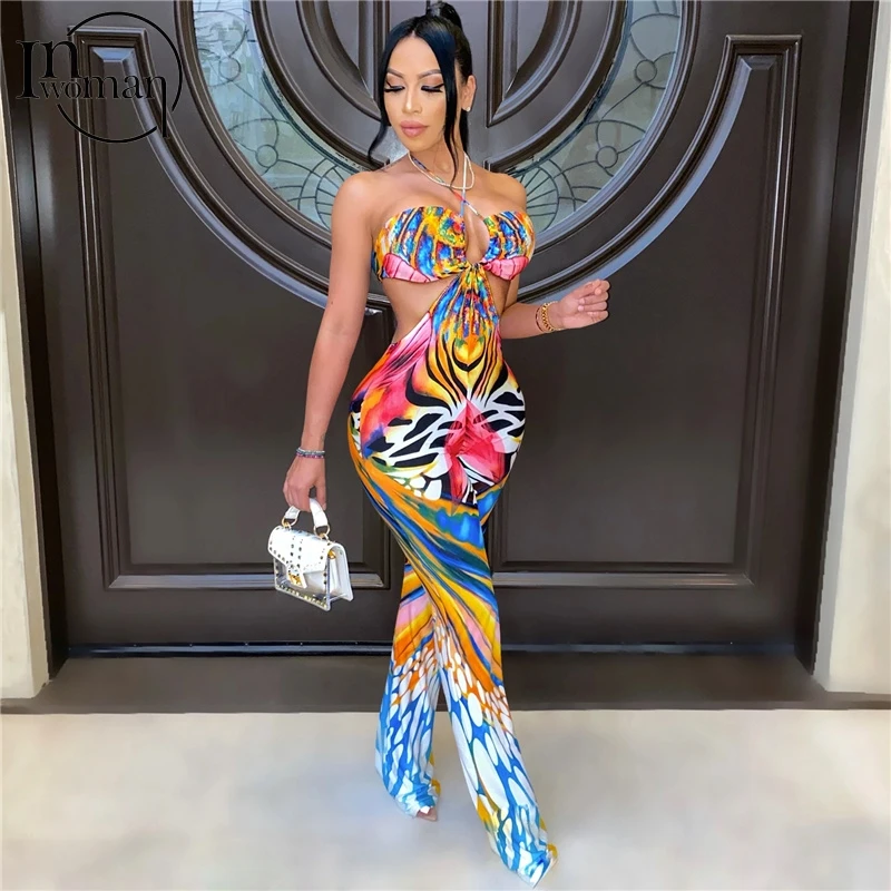 

Inwoman без бретелек с принтом летние Облегающий комбинезон женский клуб наряд из одного предмета, без рукавов, с открытой спиной, Ползунки с дл...