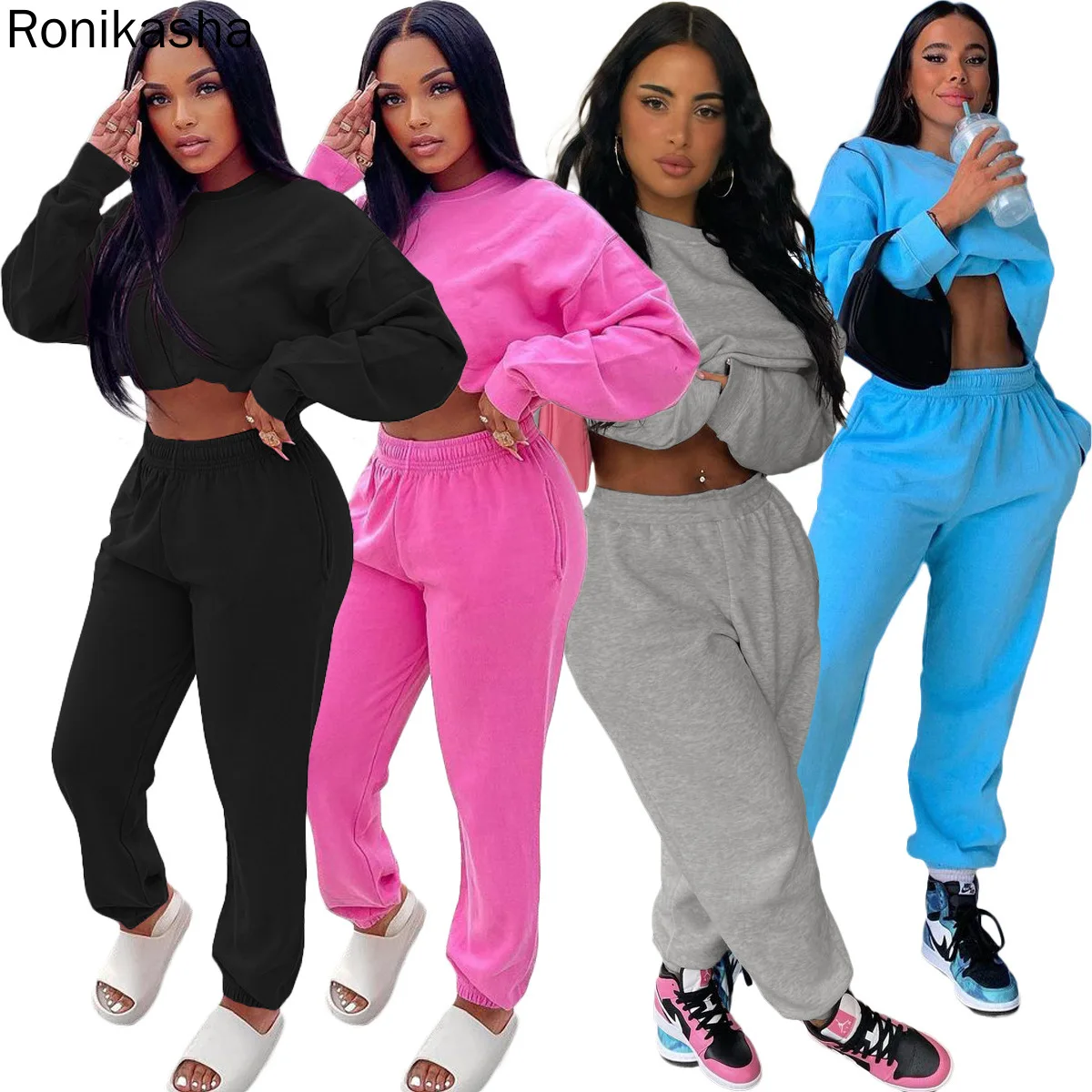 

Ronikasha 2 Piece Sets Womens Outfits Tracksuit Solid Long Sleeve Crop Tops + Joggers Pants Suit Sportwear Autumn Matching Set