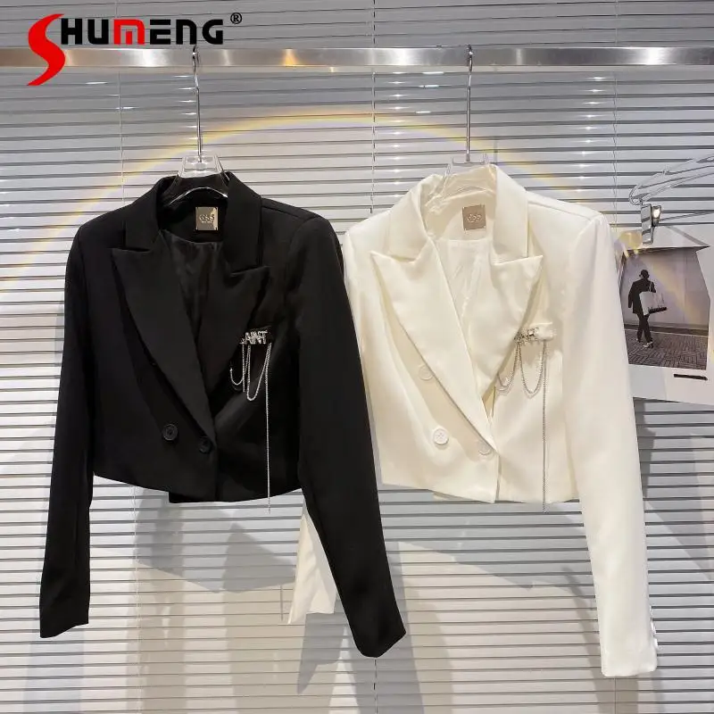 

2021 Spring New Letter Crystal Brooch Elegant Suit Jacket Black and White Tailored Suit Coat for Women Jackets