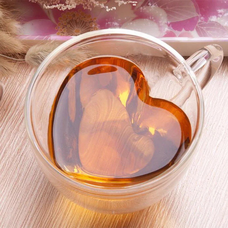

Double Wall Heart Shaped Clear Glass Tea Coffee Beer Cocktail Bar Drinking Cup Valentine's Day Thanksgiving surprise gift