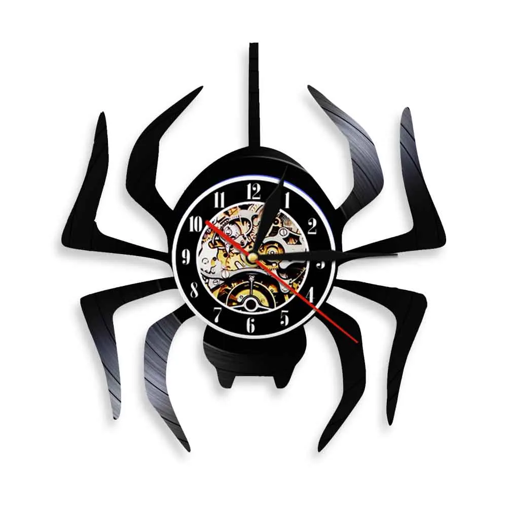Black Widow Spider Vinyl Record Wall Clock Spooky Spider Araneid Halloween Party Creative Silent Hanging Animals Decor Watch