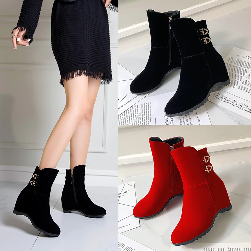 Fivela de Metal Outono Inverno Casual Botas Femininas Salto Alto Senhoras Tornozelo Cunhas Escondidas Sapatos Femininos Marten Booties