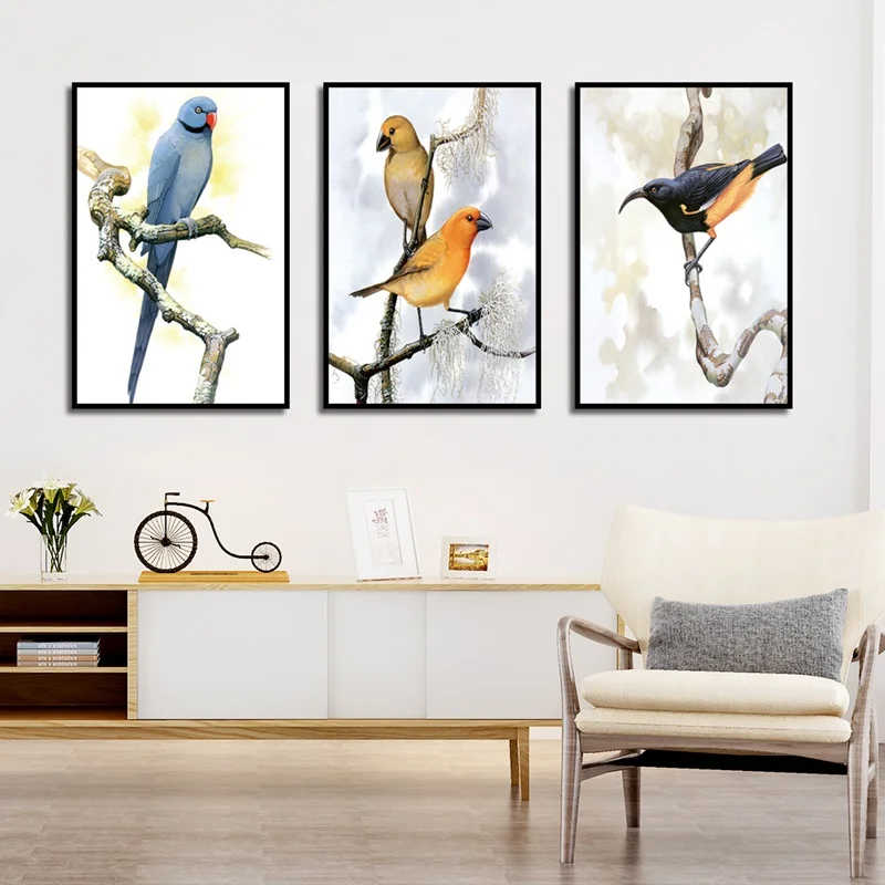 Минимализм стиль красочные птицы на ветках дерева холст живопись плакаты и