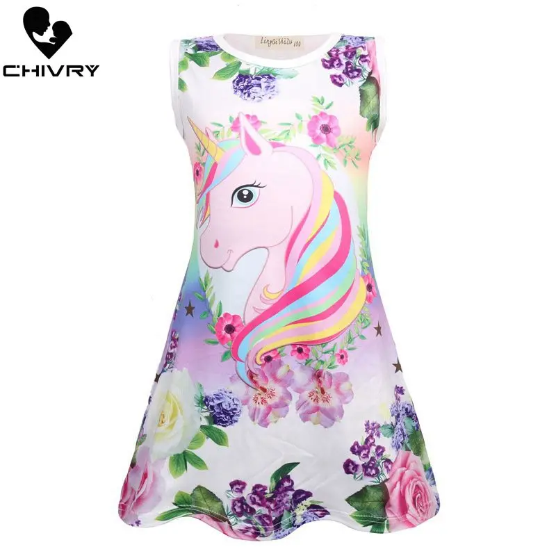 

Chivry Summer 2022 New Little Girls Sleeveless A-line Princess Dress Baby Girls Kids Casual Unicorn Print Sundress Vestidos