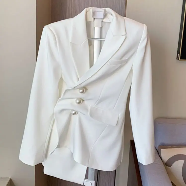 

Women's Autumn White Simple Style Casual Suit Jacket Lapel Pearl Button Irregular Blazer Jacket Fashion Solid Color Female Coat