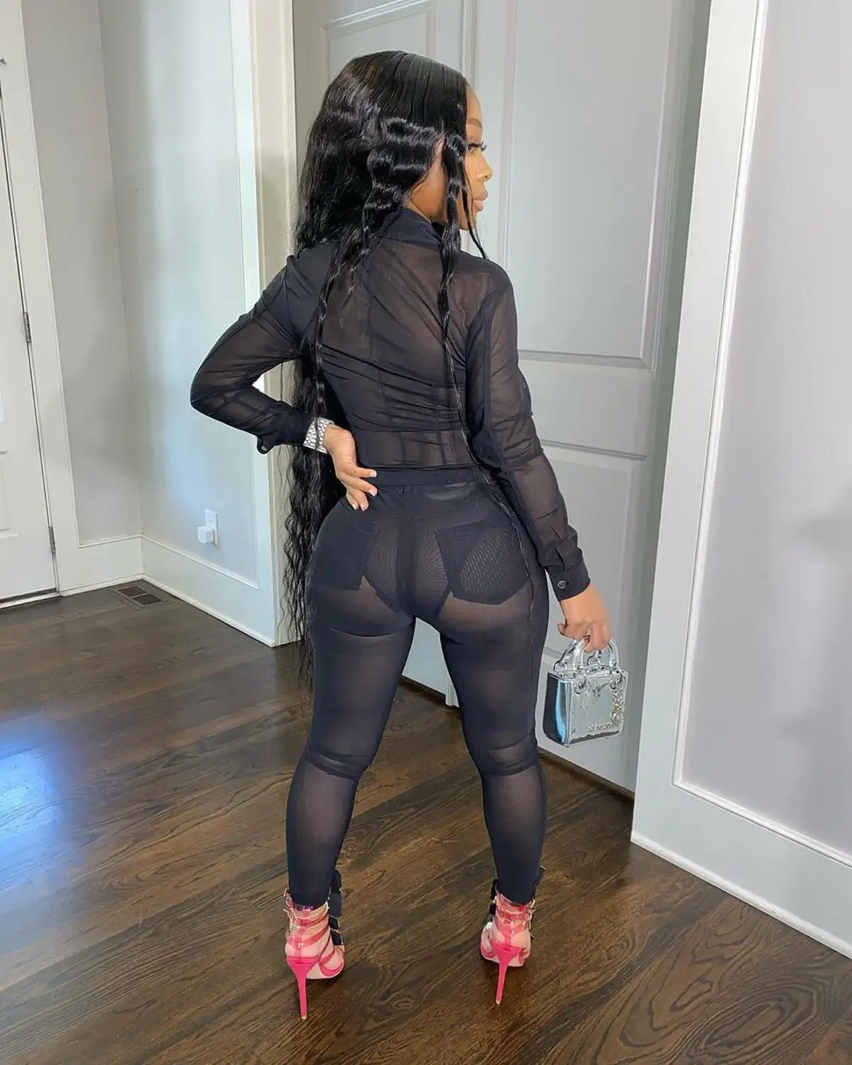 

women sexy night club mesh transparent perspective two pieces set