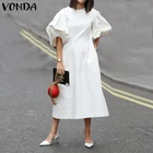 Повседневное платье-миди VONDA 2021, женские летние платья с круглым вырезом и коротким рукавом-фонариком, женские богемные праздничные платья, женское платье до середины икры