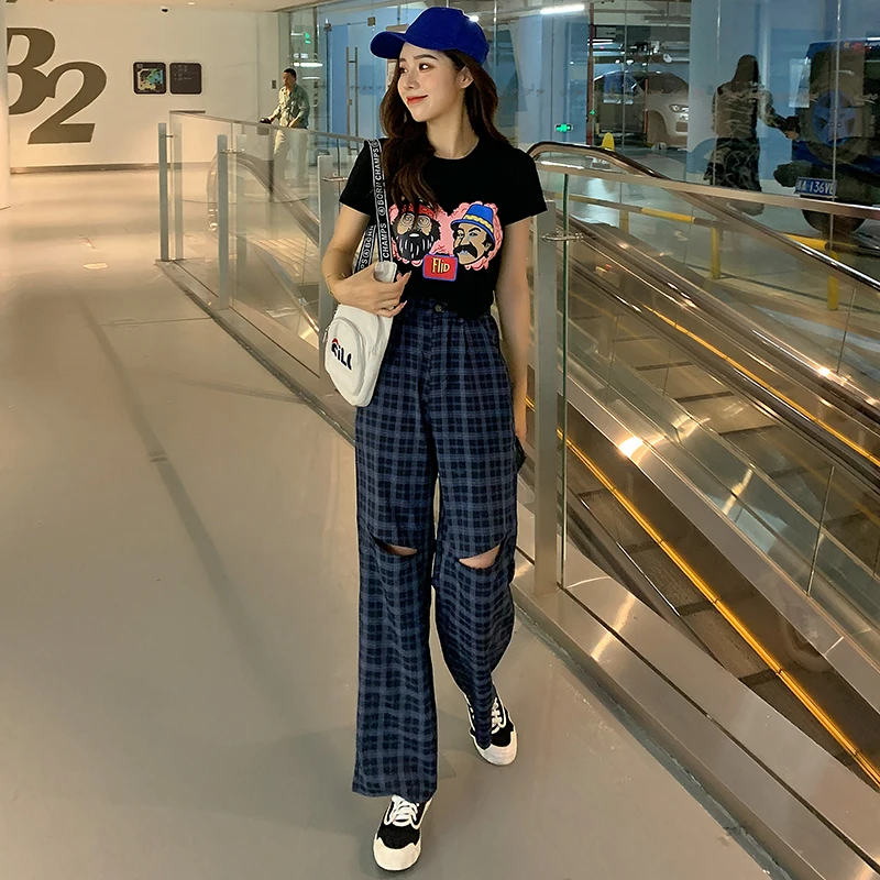 

Women's High Waist Plaid Pants College Style Harajuku Loose Fashion Wide Leg Pants Hole High Street Straight Pants 2021 New
