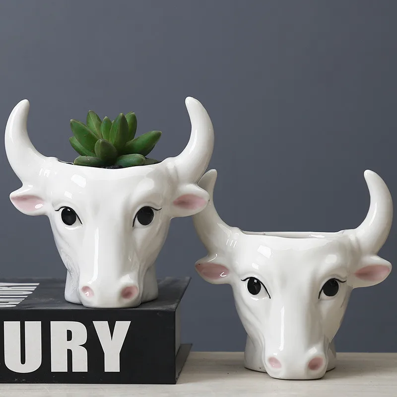 

Bull Head Shape Ceramic Succulent Flower Pot White Porcelain Succulent Potted Bonsai Container Desktop Home Decorations