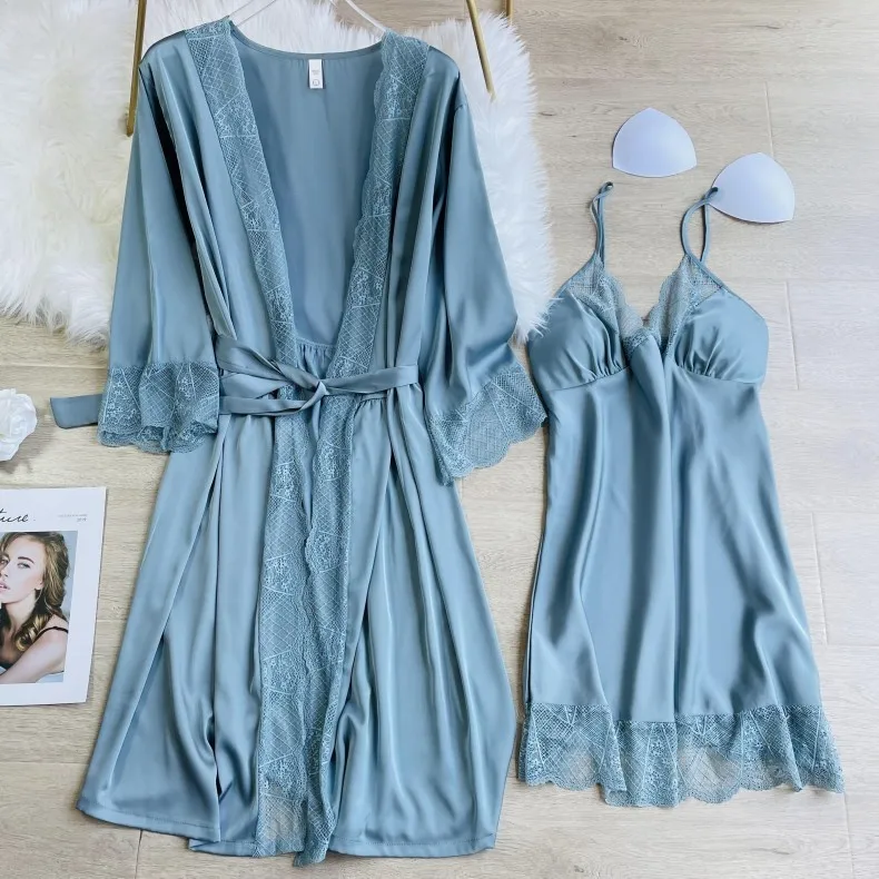 2PCS Robe Set Women Kimono Bathrobe Gown Satin Bride Bridesmaid Wedding Robe Intimate Lingerie Casual Nightdress Lace Nightwear