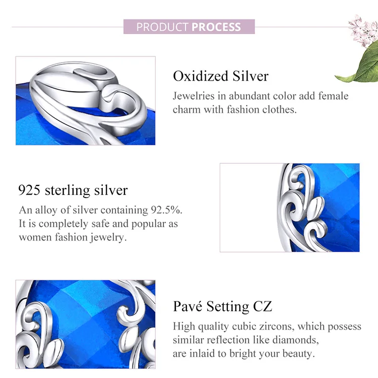 

925 Silver Beads Blue Round Charm design vine pattern suitable for original pan BANGLE LADIES DIY jewelry Bijoux