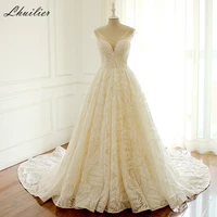 lhuilier elegant a line v neck lace wedding dresses 2020 court train sleeveless crystal beaded bridal dress with sequins