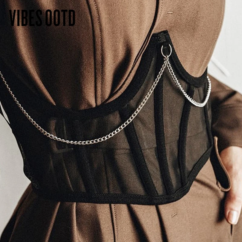 

VIBESOOTD Chic Fashion Statement Sheer Mesh Chain Corset Belt Boned Harness Push Up Corset Club Party Cupped Cummerbunds Solid