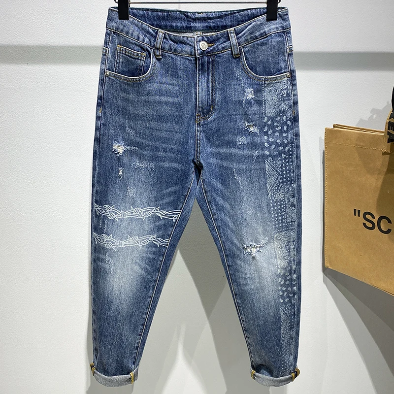 

Мужские джинсы Винтаж Синий принт дизайн уличной моды; Сезон весна-лето; Тонкие светильник повседневные сапоги с хорошей терморегуляцией б...