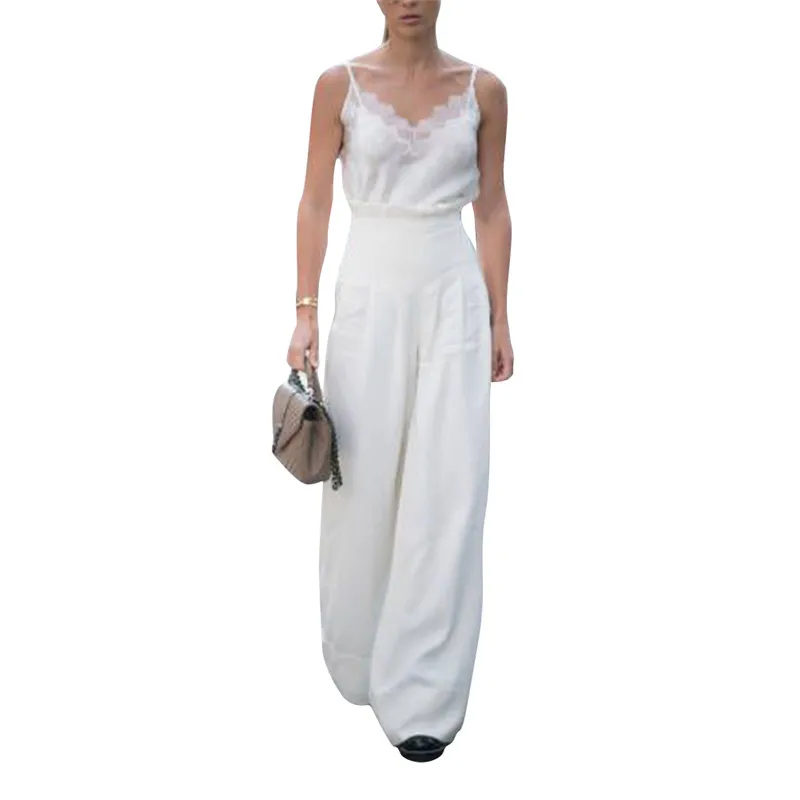 High Waist Women Long Pants Polka Dot Print Stretch Wide Leg Trouser Female Solid White Black Casual Loose Trousers Bottoms | Женская