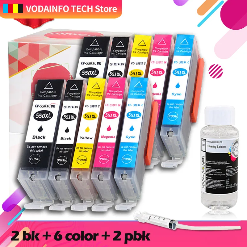 

10pcs PGI 550 551 ink cartridge for canon PIXMA IP7250 MG5450 MX925 MG5550 MG6450 MG5650 MG6650 and print head clean solution