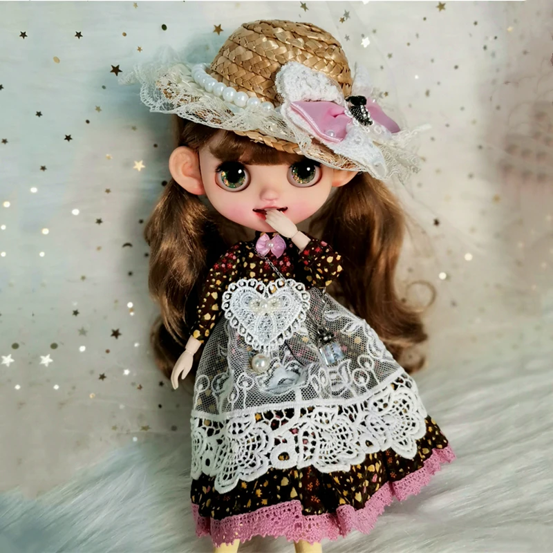 Одежда для куклы блайз кофейное клетчатое платье с головным убором Pullip Licca Azone BJD/SD