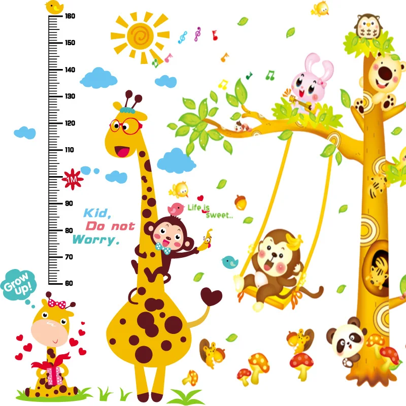 [SHIJUEHEZI] жираф с обезьянками на дереве наклейки стену DIY измерения высоты в виде