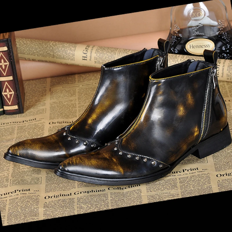 

Christia Bella Fashion Party Men Shoes Rivets Genuine Leather Motorcycle Ankle Boots Pointed Toe Man Short Boots Plus Size Botas