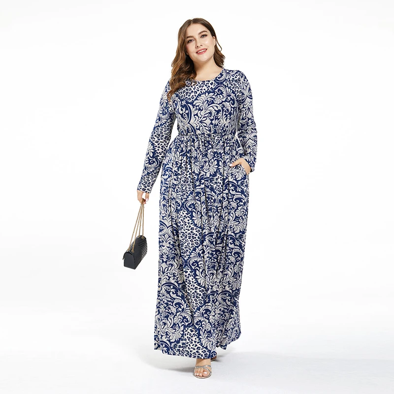 Новинка 2020 платье с принтом размера плюс круглым вырезом и длинным рукавом
