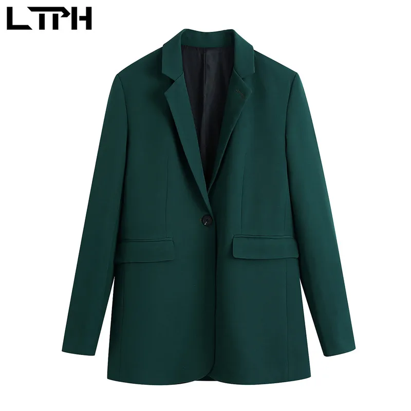 LTPH-Conjunto de 2 piezas de Blazer y pantalones de cintura alta para mujer, conjunto informal de negocios, color verde oscuro, para oficina, primavera, 2021