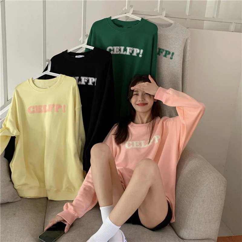 

American Vintage Sweatshirts Women' O-neck Printing Letters Oversize Loose Mid-length Long Sleeve Student All-match Ins Tide Top