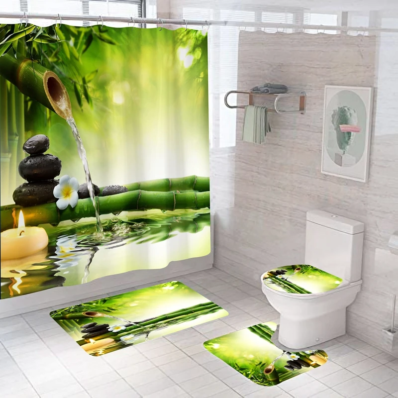 

Zen Bath Shower Curtain 3D Running Water Green Bamboo Purple Flower Stone Print Waterproof Mildew Curtain Toliet Antislip Mat