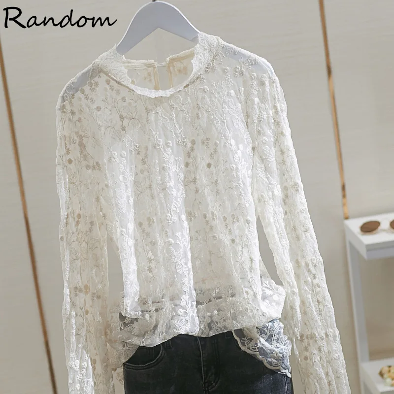 

2020 New Women Lace Blouse Elegant Formal Embroidery Long Sleeve Shirts Office Lady Flower Hollow Fashion Plus Size Clothing Top