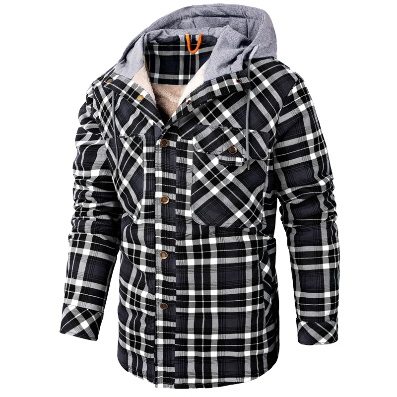 Plaid Shirt Jacket Men Winter Long Sleeve Male Turn-Down Collar Button Wool Jackets Hat Coat Overcoat Hooded Jacket Big Size 481