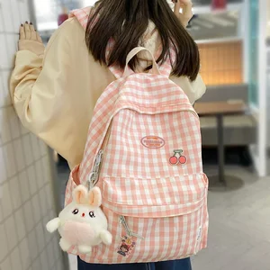 Fashion Lady Cute Lattice Backpack Women Kawaii Laptop New Bag Female College Plaid Backpack Girl Co