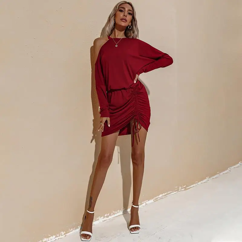 

Женские модные сексуальные Повседневные платья осень зима новый стиль с длинным рукавом складки o-образным вырезом галстук сплошной цвет п...