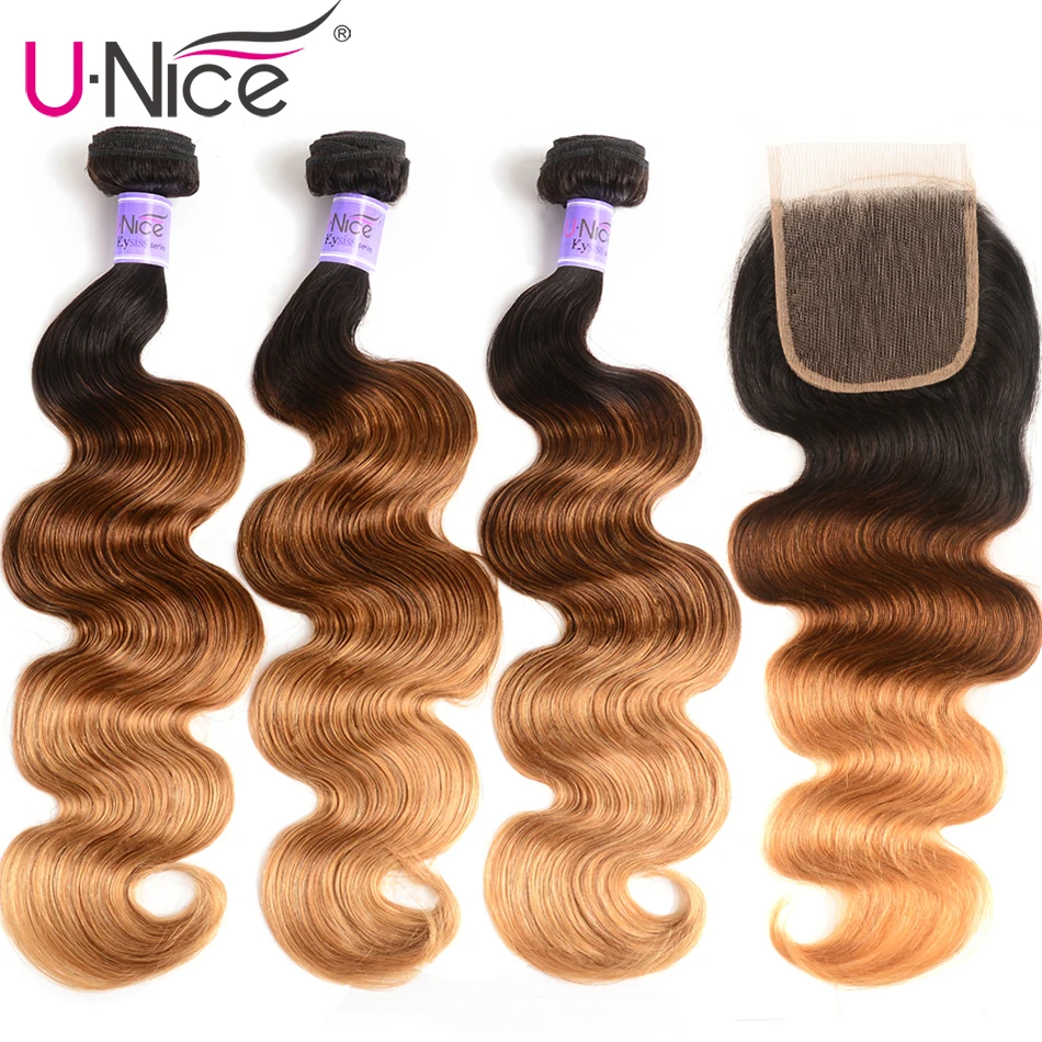 Малайзийские волосы UNice Kysiss 3 пряди с закрытием T1B/4/27 Ombre 16 26 дюймов|3/4 пучка на