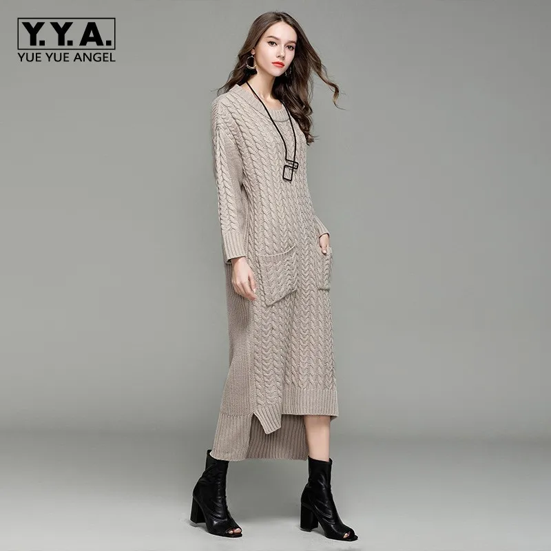 Женский осенне-зимний супер длинный свитер с карманами повседневный пуловер