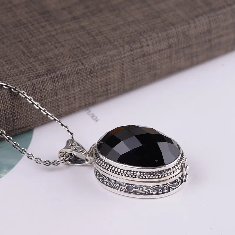 

925 Silver Tibetan Gau Box Pendant Women Vintage Black Stone Sterling Silver Buddhist Prayer Box Pendant