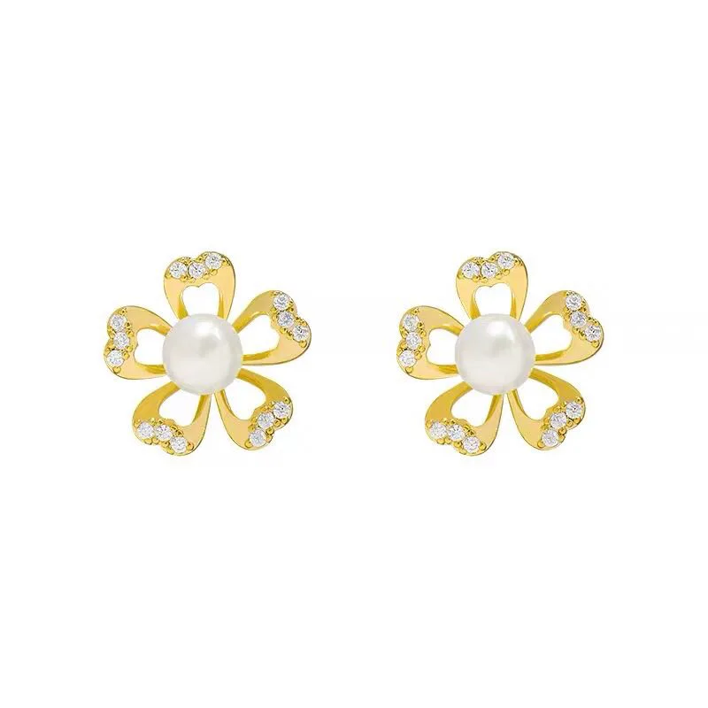 

New S925 Silver Needle Pearl Petal Stud Earrings Simple Temperament Earrings Fashion Small Student Earrings