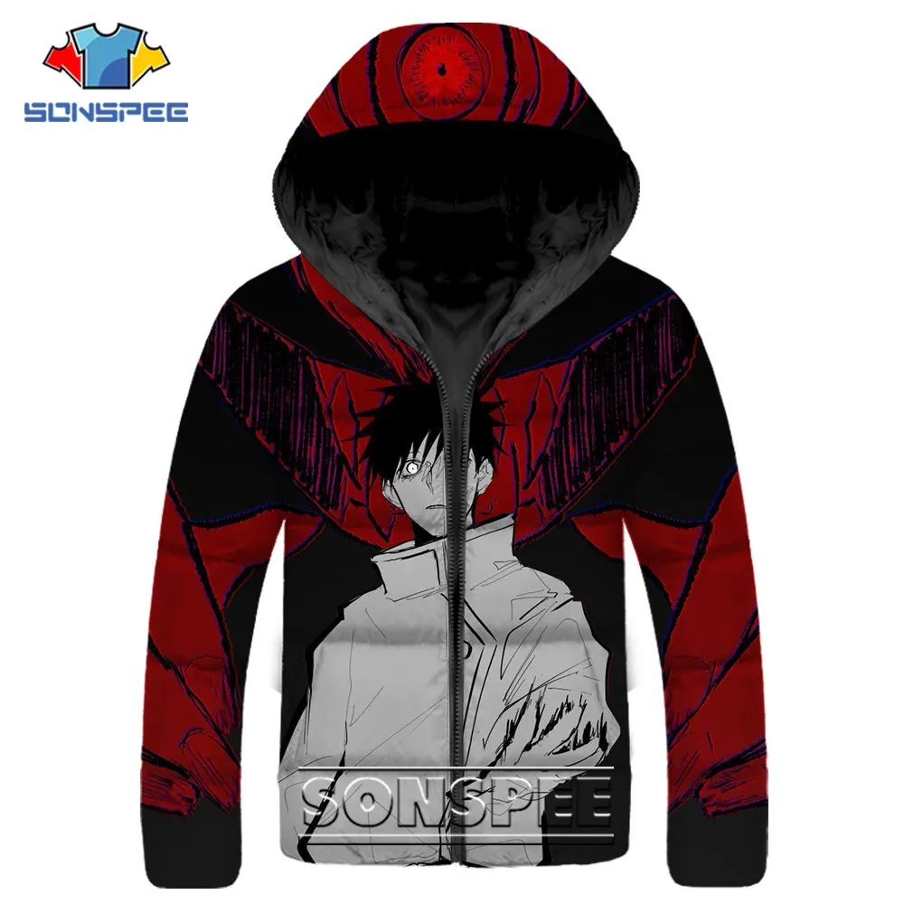 SONSPEE Jujutsu Kaisen Parkas Anime Itadori Yuji Printed Casual Hip Hop Streetwear Winter Thicken Keep Warm Hooded Jacket Coat