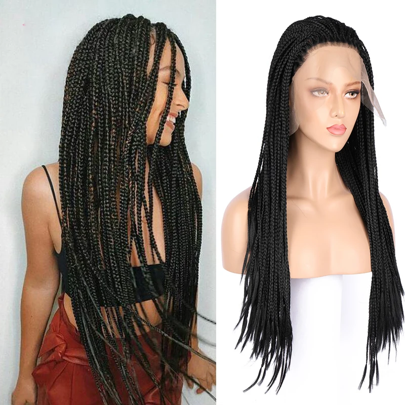 26 inch Braided Wigs Synthetic Lace Front Wig for Black Women Braids Lace Wigs with Baby Hair Box Braid Wig Black