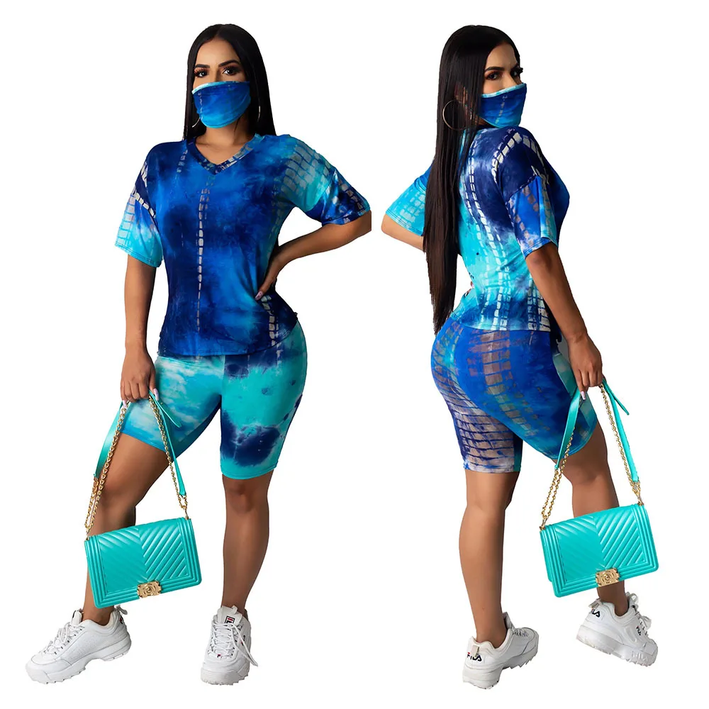 

2020 women fashion Tie-dyed round neck short sleeves top and hot shorts 2 pieces set high street lady fashion women tracksuits