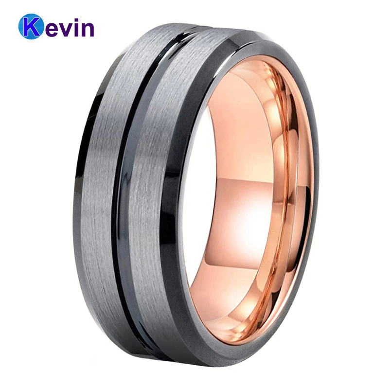Обручальное кольцо из розового золота черное вольфрамовое для мужчин и женщин с